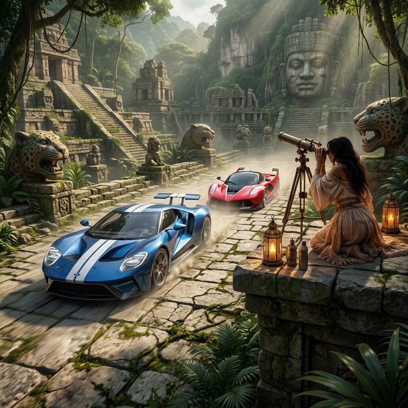 Woman with a vintage telescope observes blue and red supercars racing through misty ancient Mayan...