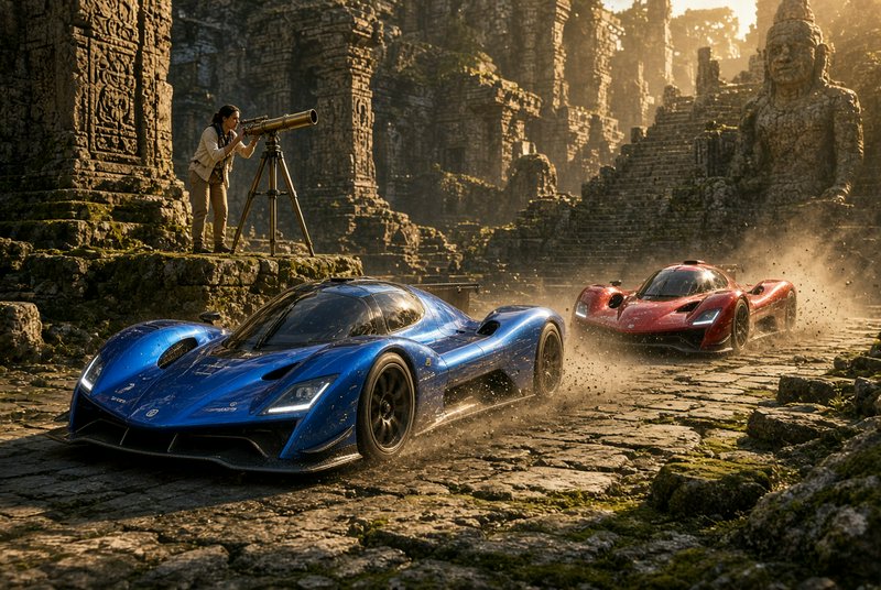 Blue and red hypercars race through ancient stone temple ruins as a woman observes with a vintage...