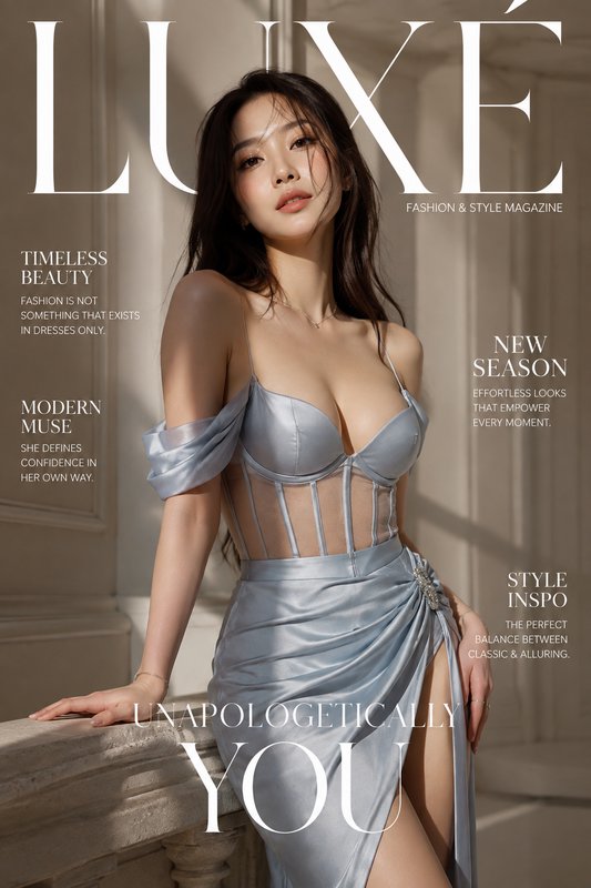 LUXE fashion magazine cover featuring elegant East Asian model in pale blue corset evening gown p...