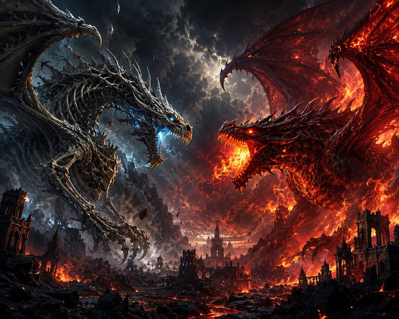 Epic showdown between glowing skeletal ice dragon and fiery lava dragon over burning ruined fanta...
