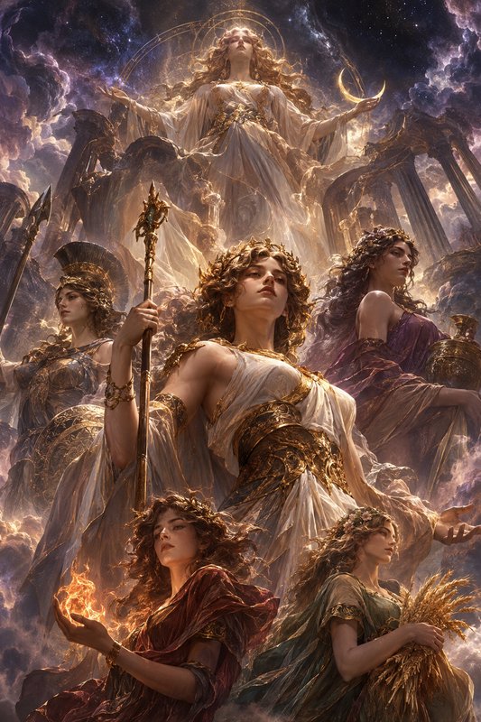 Tiered group of ornate Olympian Greek goddesses standing in a glowing celestial cloud realm under...