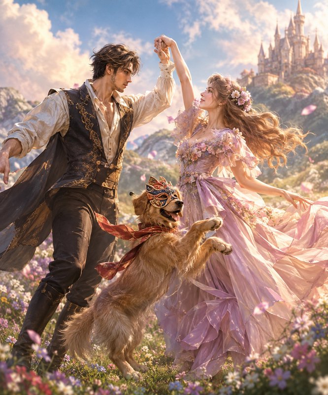 Fairytale royal couple dances in a blooming meadow with a masked golden retriever, magical spired...