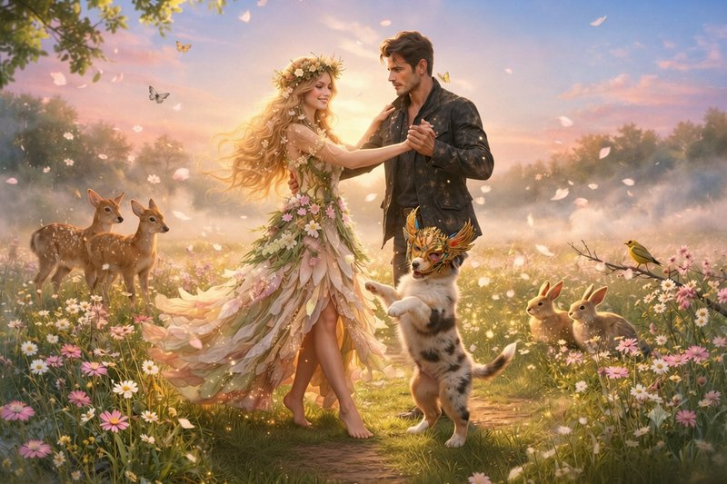 [Romantic fantasy art of a couple dancing in a sunlit wildflower meadow, with a masked puppy, deer, and rabbits watching a...
