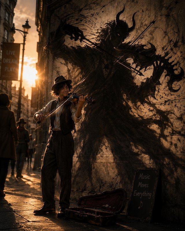 Street violinist busks at golden hour, casting a surreal horned demon violinist shadow across the stone wall beside him.