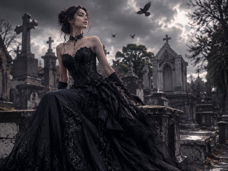 Poised woman in an ornate beaded black gothic gown sits on a gravestone in a stormy old cemetery ...