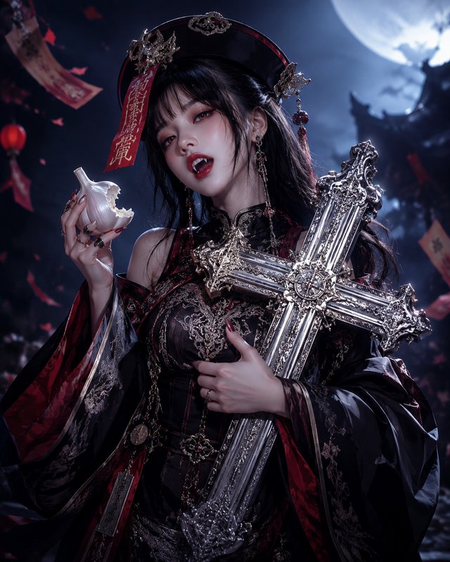 Gothic jiangshi vampire character holding an ornate silver cross and half-eaten garlic in a moonl...