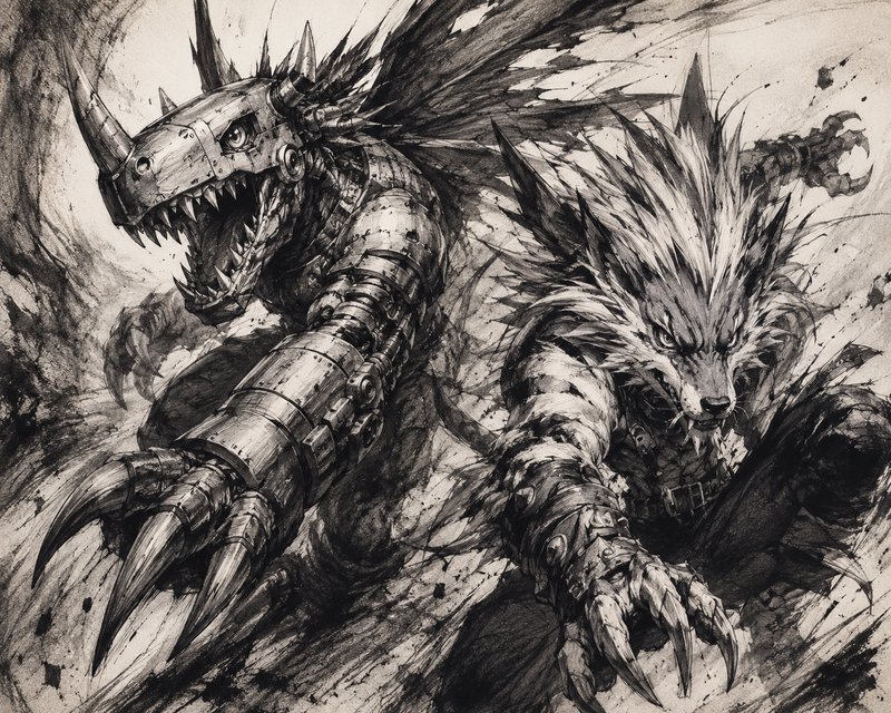Gritty ink illustration of MetalGreymon and WereGarurumon Digimon charging forward in an aggressi...