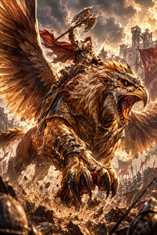 Armored roaring griffin carries axe-wielding knight charging across a chaotic fantasy battlefield...