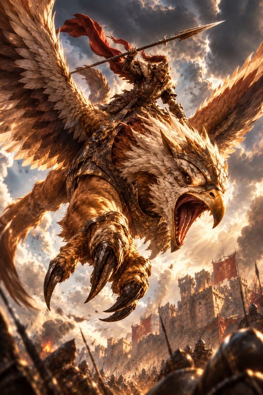 Armored griffin with spear-wielding warrior rider charges over a medieval castle siege battlefiel...