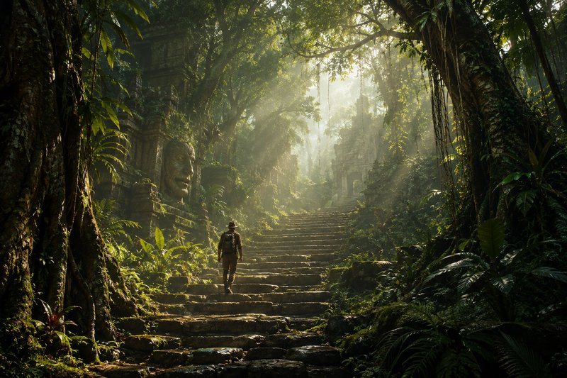 Lone explorer walks up mossy stone steps toward overgrown ancient temple ruins in a sun-dappled m...