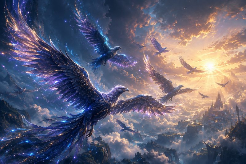 Iridescent magical phoenix eagles soar over a cloud-top fantasy kingdom beneath a glowing golden ...