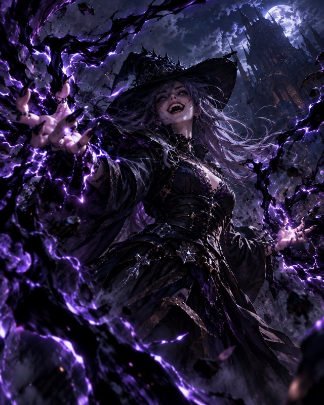 Cackling gothic witch conjures crackling purple magic beneath a full moon beside a dark spired castle