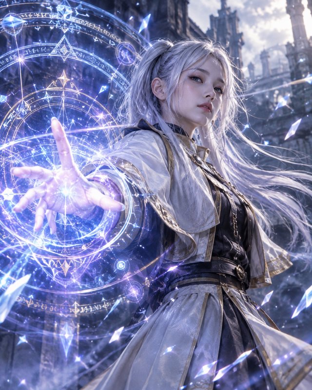 Silver-haired female mage extends her hand to cast glowing arcane magic circles before a stone ca...