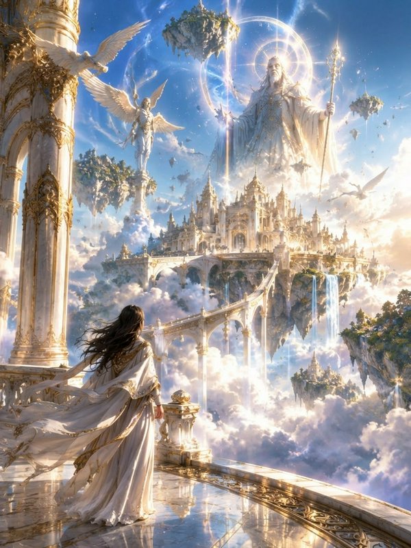 Robed figure on an ornate marble balcony gazing up at a glowing divine being and floating heavenl...