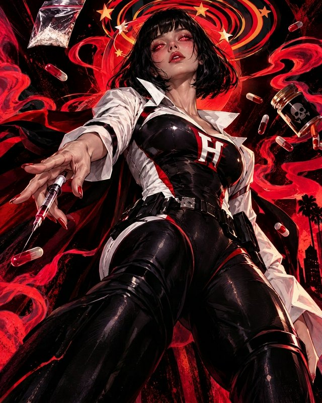 Stylized dark fantasy nurse holding a syringe out toward the viewer amid floating pills and red smoke