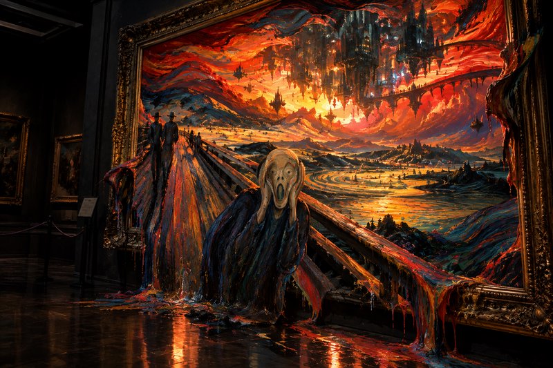 Edvard Munch's The Scream figure emerging from a giant melting surreal fantasy painting in a muse...