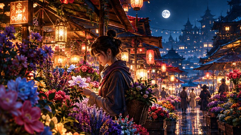 Young woman admires a flower at a lantern-lit historic East Asian night market under a bright ful...