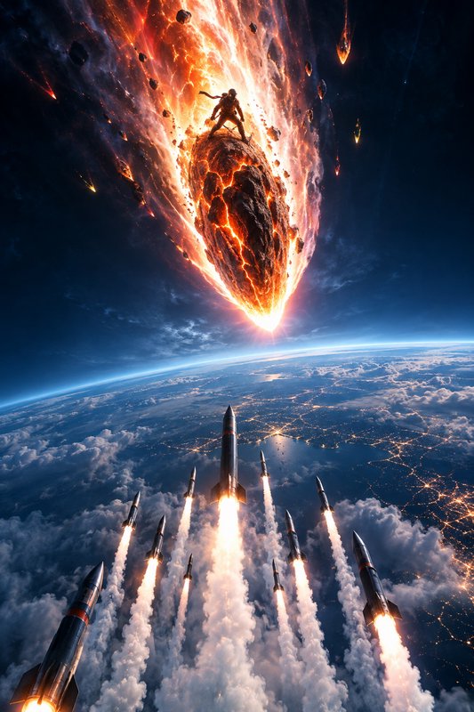 Astronaut stands atop a blazing incoming meteor above Earth as a fleet of rockets launch upward