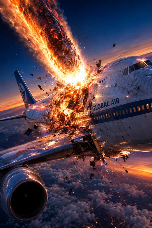 Wide-body passenger jet exploding mid-flight above cloud cover at sunset, trailing flames and fly...