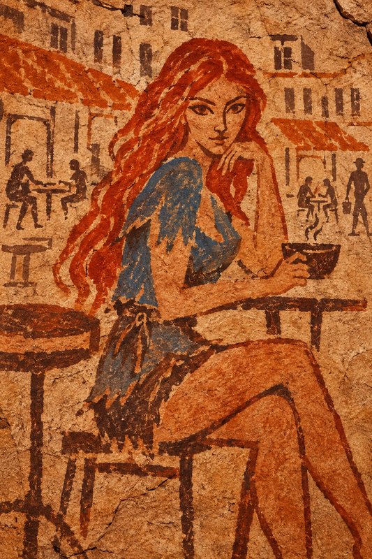 Ancient fresco-style rock painting of a red-haired woman sitting at an outdoor cafe holding a hot...
