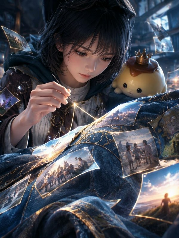 Young fantasy mage stitches glowing golden thread into a memory tapestry, with a tiny crowned pet...