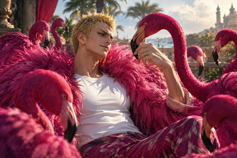 Realistic fan art of One Piece's Doflamingo relaxing surrounded by bright pink flamingos on a sun...