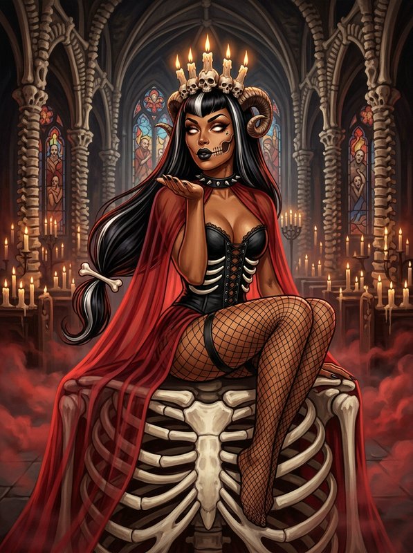 Horned death goddess with a skull candle crown blows a kiss while seated on a skeleton throne in ...
