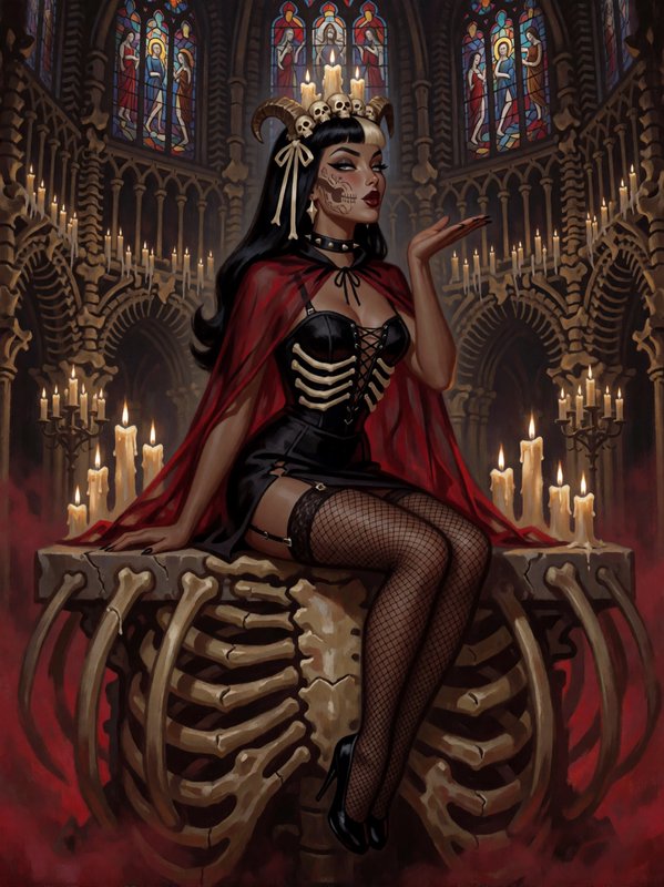 Glamorous gothic fantasy woman in a skeleton corset sits on a bone throne in a candlelit skeletal...