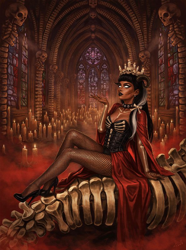 Undead gothic queen with a skull crown sits on a bone throne inside a skeleton cathedral lit by g...
