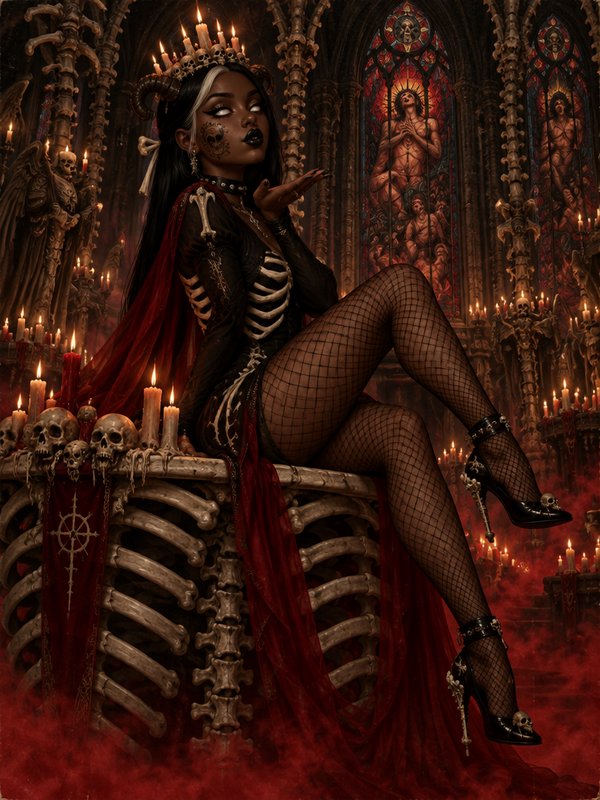 Gothic dark queen in skeleton attire sits atop an ornate bone throne in a candlelit gothic cathedral