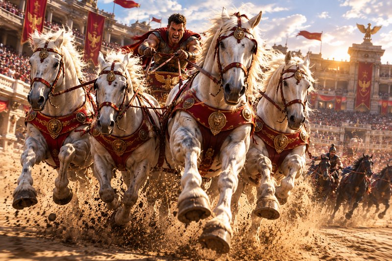 Fierce Roman charioteer races a four-horse chariot across a sunlit Colosseum arena