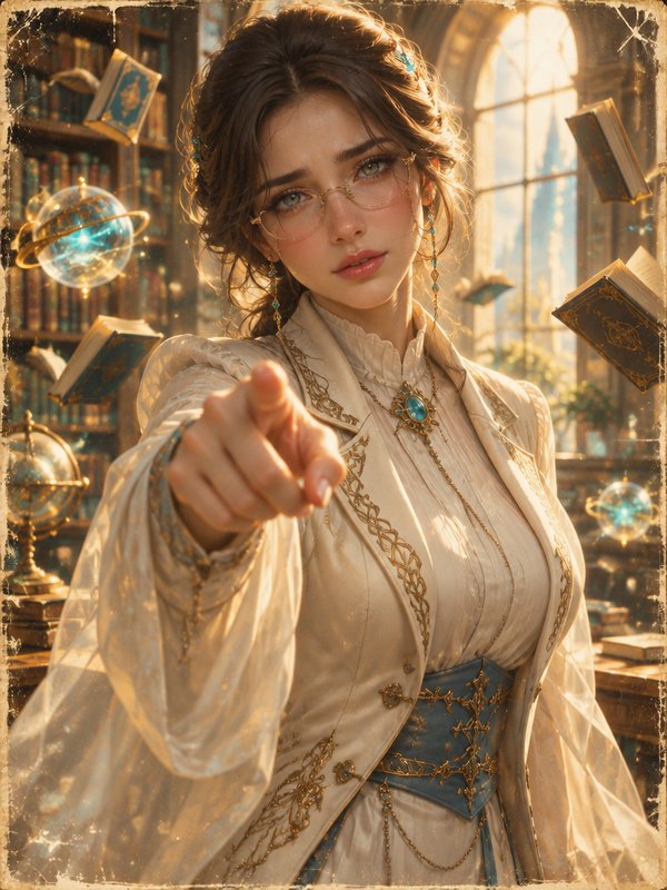 Elegant fantasy scholar mage points at the viewer surrounded by floating enchanted books in a sun...