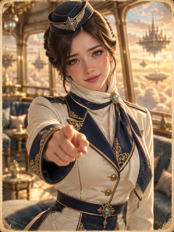Steampunk airship officer points directly at the viewer from a luxury airship cabin above the clouds