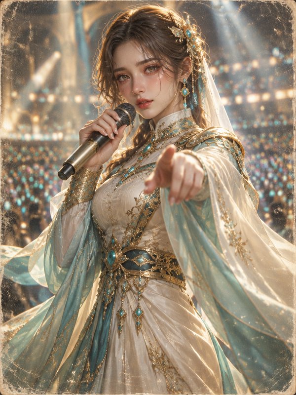 Elegant fantasy female singer in ornate gold teal gown holds a microphone and reaches toward the ...
