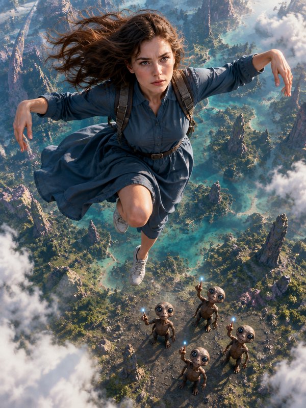 Young woman free falls above a lush alien landscape while four small big-eyed aliens point up at her