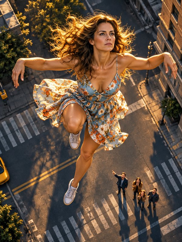Woman in a flowy floral dress floats high above a city street as onlookers stare up from the cros...