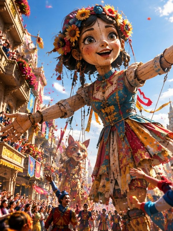 Giant smiling wooden girl marionette leads a colorful carnival parade down a sunny historic town ...