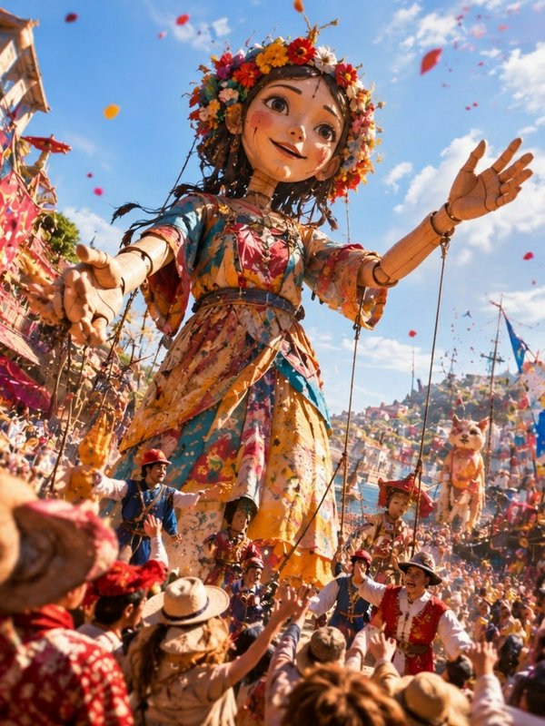 Giant wooden marionette girl with a flower crown waves to a cheering festival crowd on a bright s...