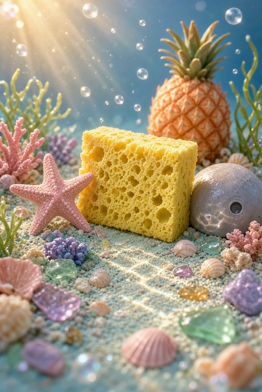 Whimsical underwater diorama features a yellow cleaning sponge, pink starfish, and tiny pineapple...