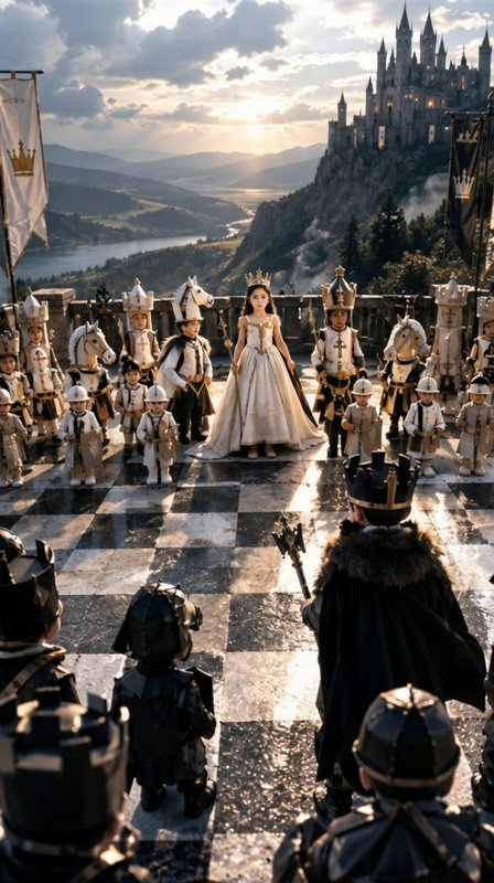 Crowned child queen stands between opposing chess-piece armies on a cliffside castle terrace at s...