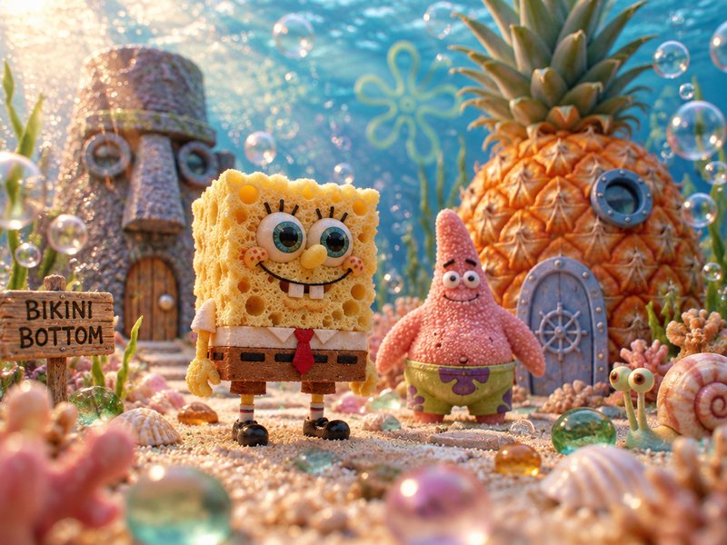 Stop-motion style Spongebob and Patrick stand on the sandy seabed of Bikini Bottom