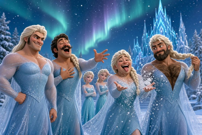 Comedic parody of exaggerated Elsa variants posing before a Frozen ice castle under the northern ...