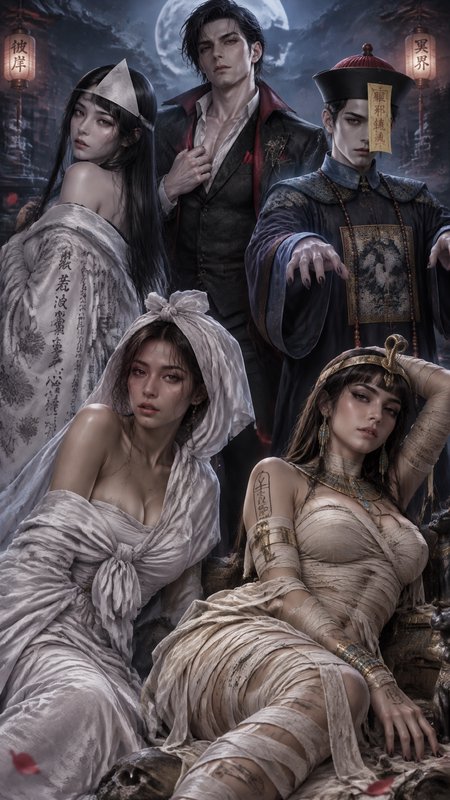 Group of gothic supernatural fantasy characters including jiangshi, ghost bride, and mummy beneat...