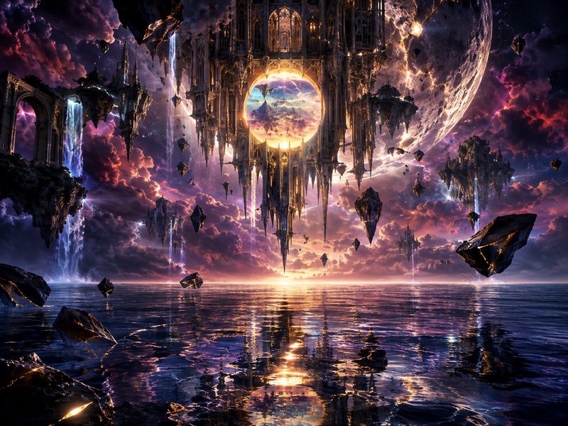 Floating gothic fantasy palace with glowing portal hangs over a reflective cosmic ocean under a g...