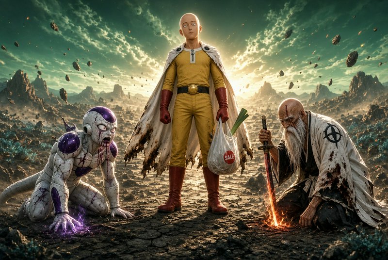 Saitama stands casually holding a grocery bag between defeated Frieza and a wounded swordsman on ...