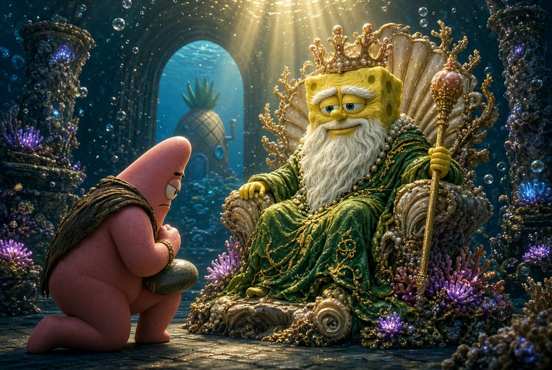 Elderly king SpongeBob sits on an ornate underwater throne as Patrick Star kneels before him