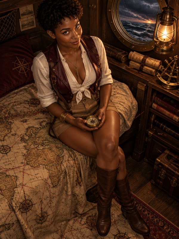 Explorer woman holding a brass compass sits on a map-covered bunk inside a vintage wooden ship cabin