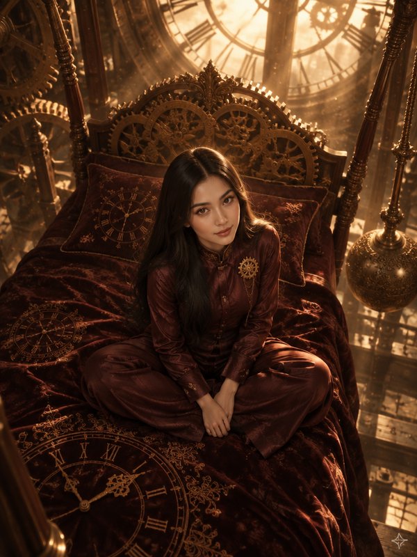 Young woman in steampunk attire sits cross-legged on an ornate clockwork themed four poster bed