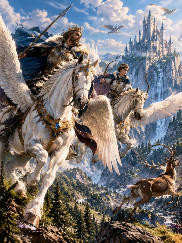 Crowned king and prince ride armored white pegasus horses above a mountain kingdom with a cliffsi...