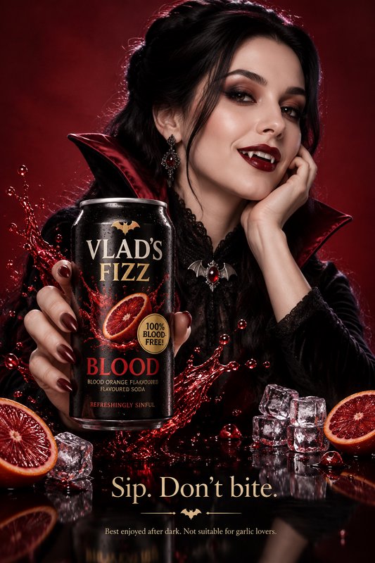 Smiling female vampire holding a can of Vlad's Fizz blood orange soda alongside ice and blood ora...